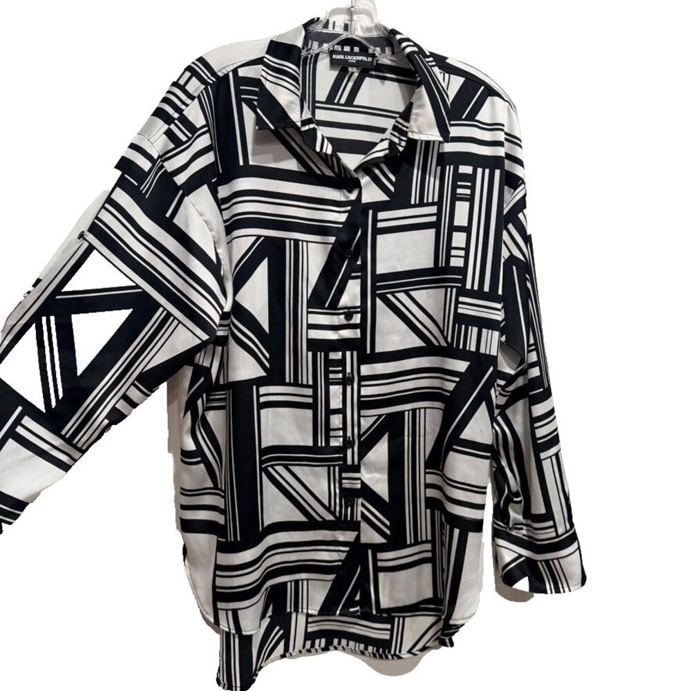 Women's Karl Lagerfeld Shirt Size Medium Button Artsy Work Hi Low Tunic Modest